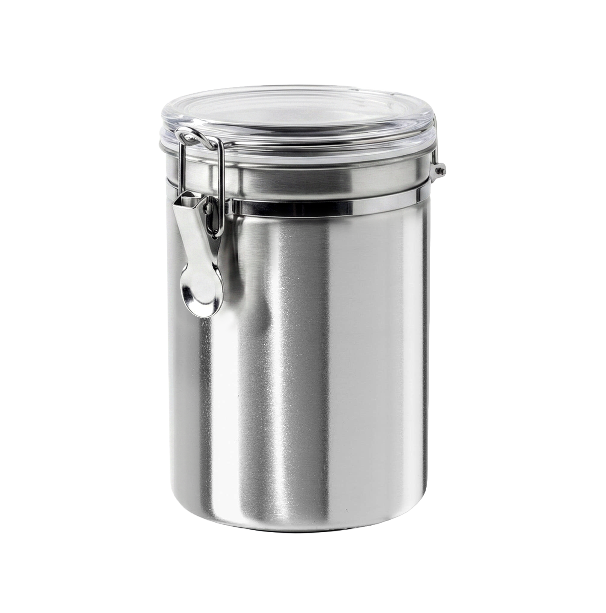 Commercial stainless steel canister with clear locking lid for ingredient storage