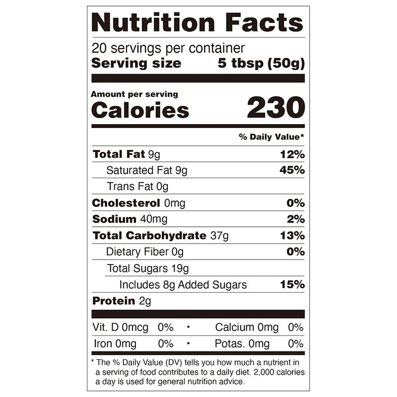 Nutrition facts label for Blue Mountain Coffee Flavor Powder, detailing calories, protein, and 8g of added sugars per serving.