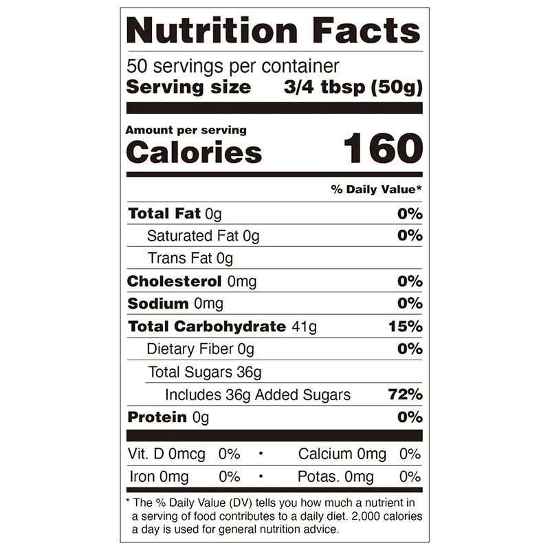 Nutrition facts label for Hojalicious Longan Honey Syrup, showing calories and sugar content per serving.