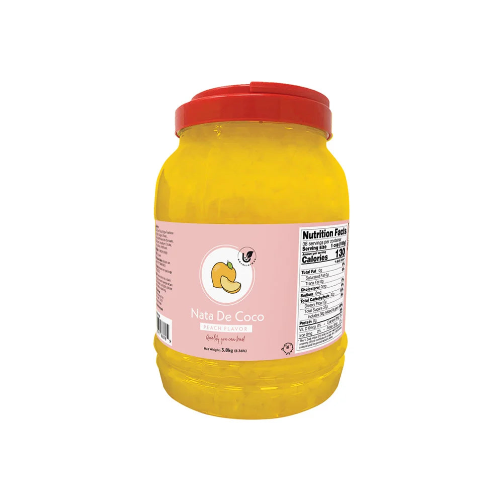Hojalicious Peach Flavor Nata De Coco, 3.8kg bulk jar for professional bubble tea and dessert toppings.