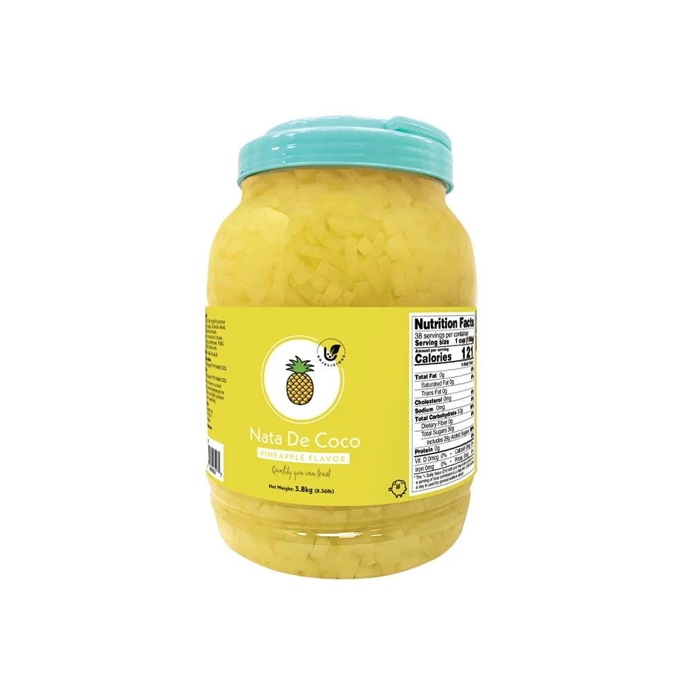 Hojalicious Pineapple Flavor Nata De Coco, 3.8kg bulk jar for professional bubble tea toppings.