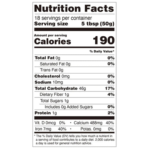 Nutrition facts for Hojalicious Pure Ube Powder, listing calories, dietary fiber, and ingredient information.