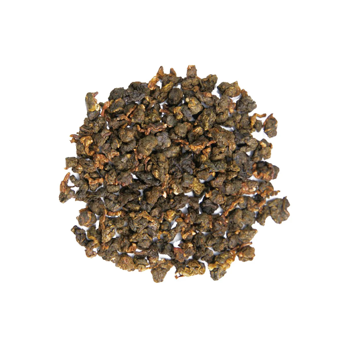 Close-up of Milky Mist Jin Xuan loose leaf tea, tightly rolled oolong tea leaves with a natural green and golden tint.