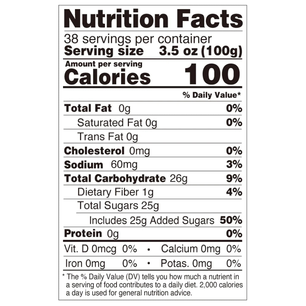 Nutrition facts label for original coconut jelly, compliant with export food labeling standards.