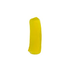 Close-up of peach coconut jelly strip, featuring a translucent golden color and refreshing crunchy, chewy texture.
