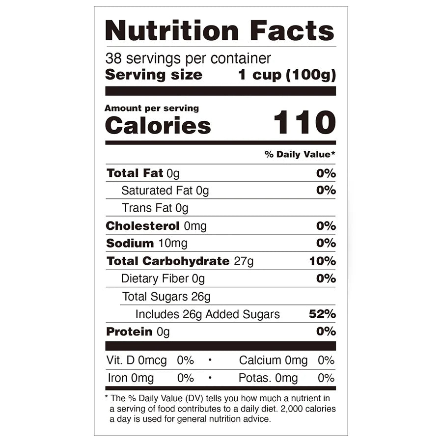Nutrition facts label for peach coconut jelly, compliant with international export food labeling standards.