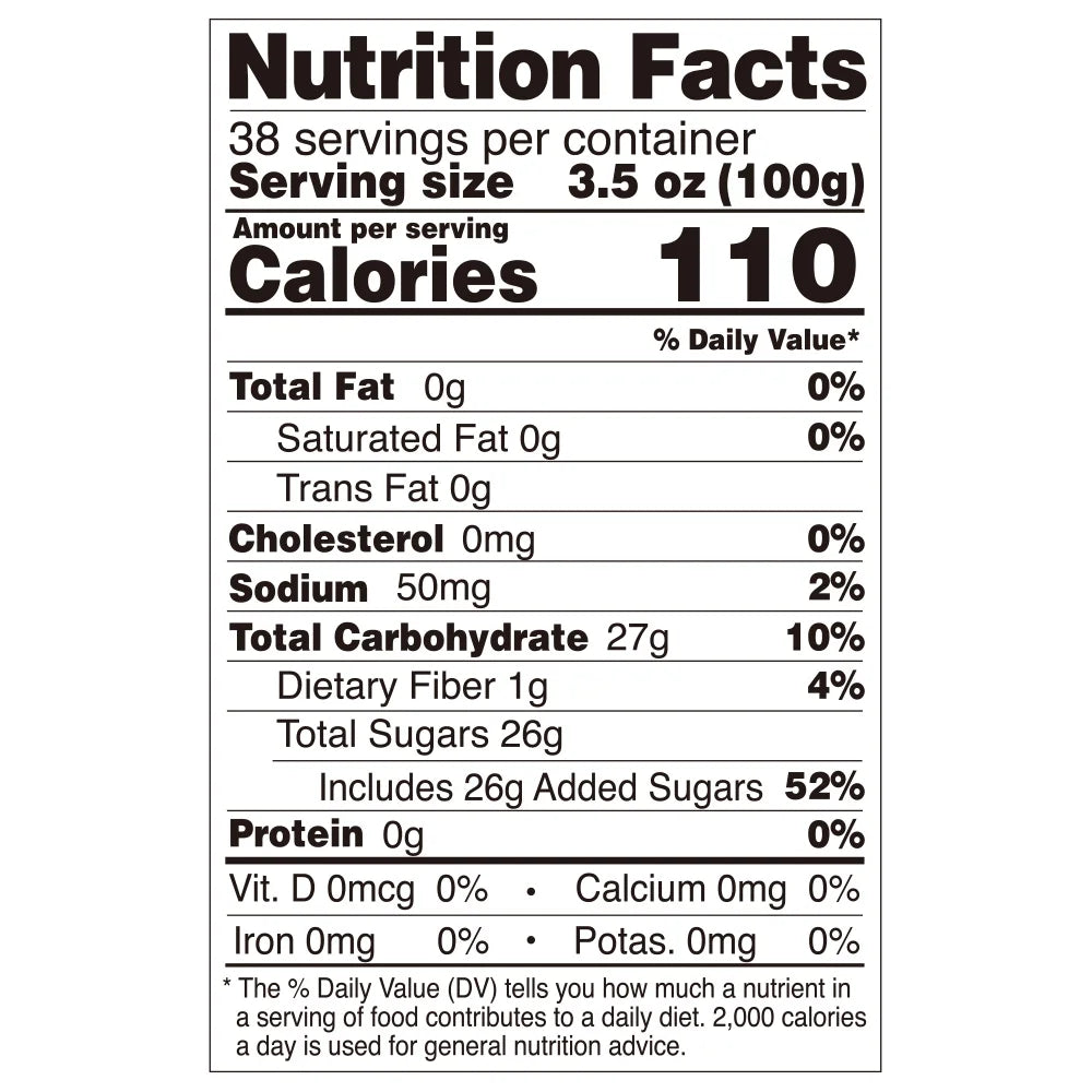 Nutrition facts label for pineapple coconut jelly, compliant with export food labeling standards.