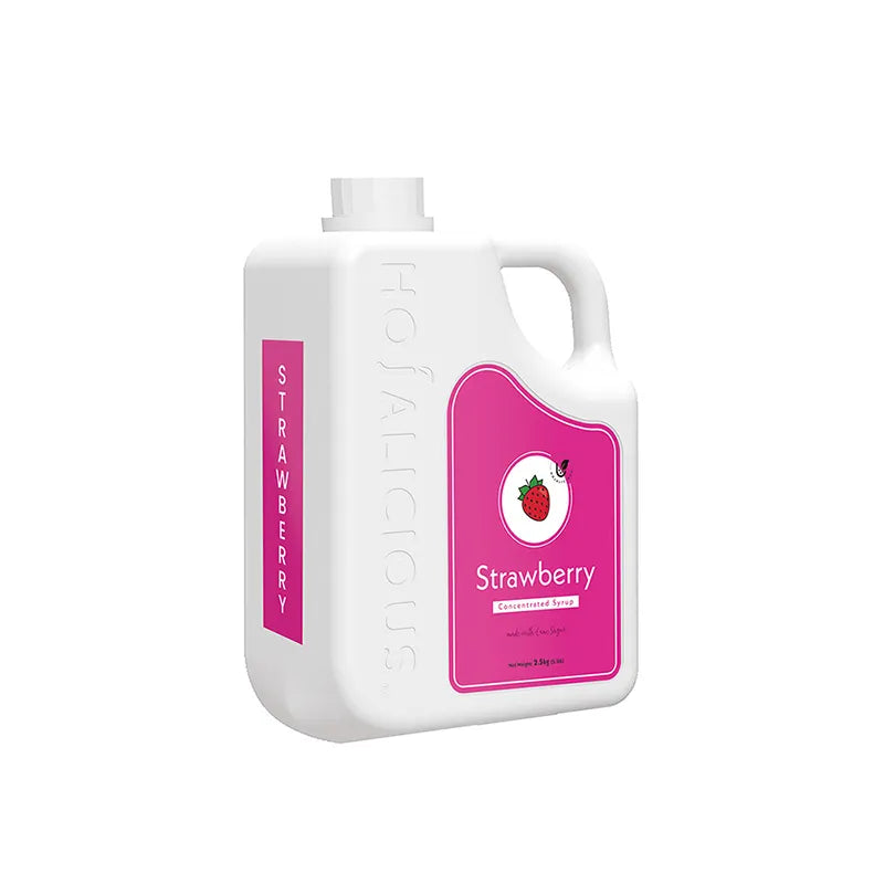Hojalicious Strawberry Concentrated Syrup, 2.5kg bulk jug, formulated with cane sugar.