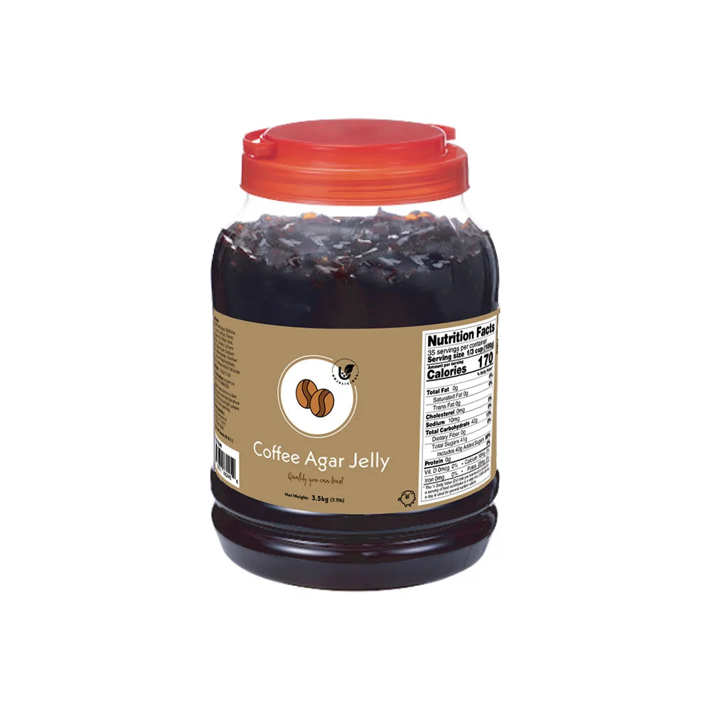 Premium Coffee Agar Jelly in a large 3.5kg commercial bottle, high-quality sweet boba jelly topping for professional beverage formulation.