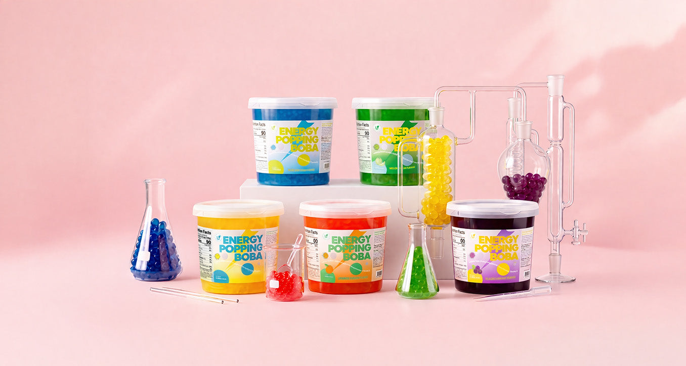 Wholesale energy popping boba in bulk packaging with various flavors for innovative beverage toppings.